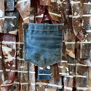 ‘The Pocket’ wall art piece. One of a kind. Denim, leather and acrylic. 16x20in.